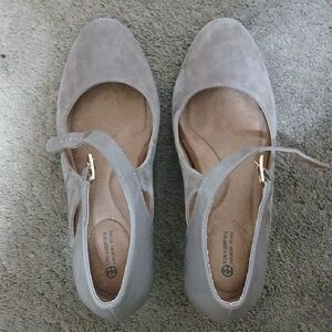 Giani Bernini Taupe Suede Mary Jane Flats with Gold Buckles